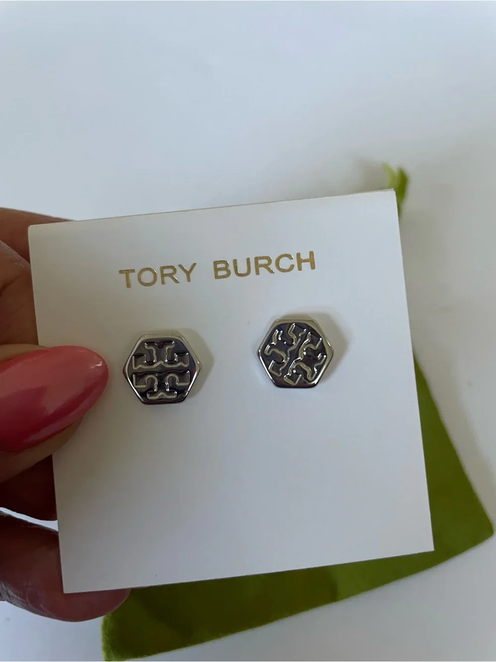 Tory Burch Silver Hexagon Logo Stud Earrings